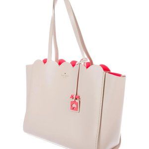 Kate Spade Large Scalloped Leather Tote Champagne Neon Coral with Clochette